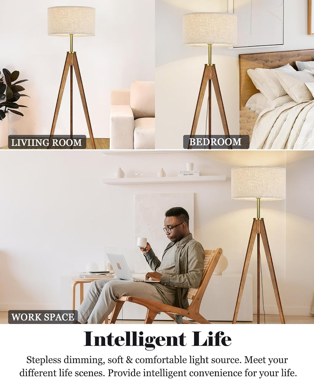 ELYONA Floor Lamp for Living Room, Solid Ash Wood Tripod Floor Lamp with Remo...