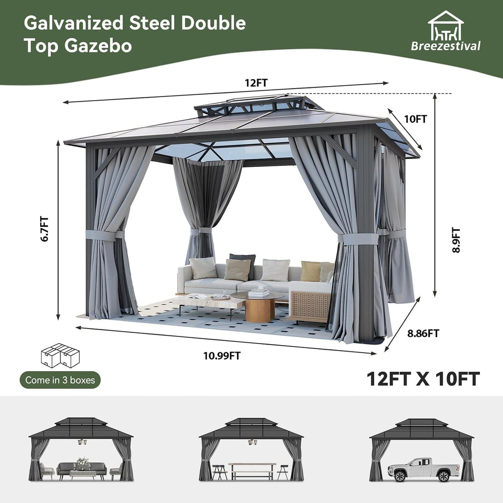 10'x12' Hardtop Gazebo Outdoor Permanent Gazebo with Double Polycarbo...