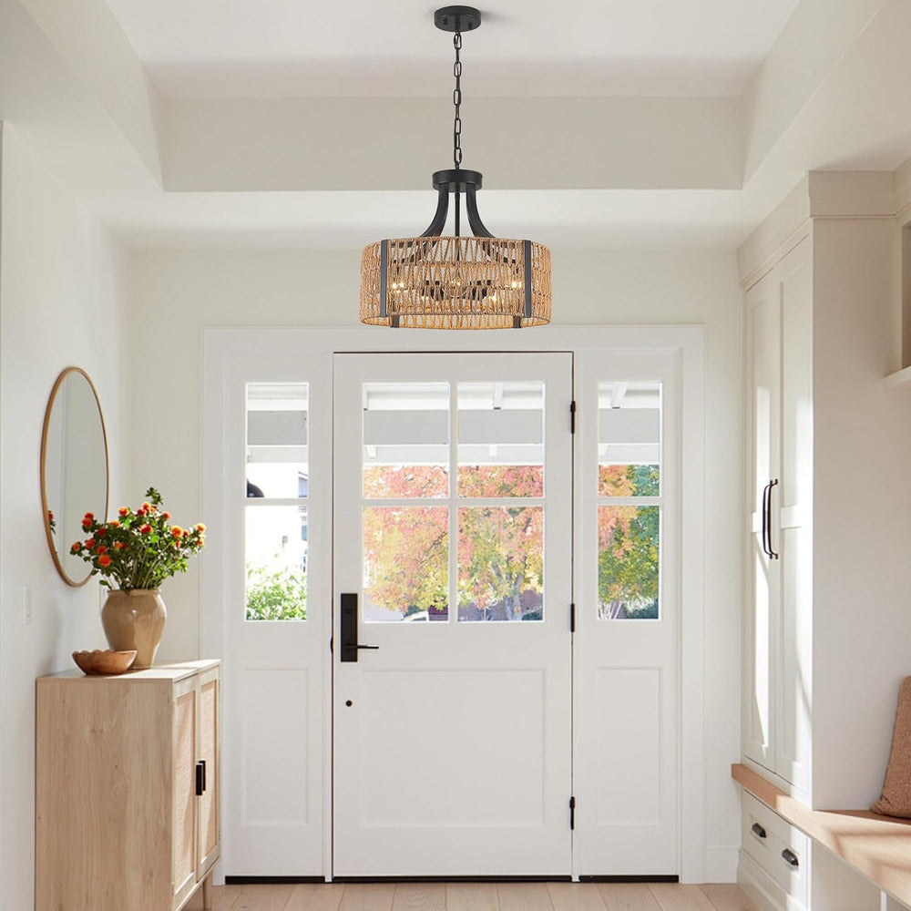 Farmhouse Chandeliers for Dining Room, 5-Light 17.7”Rattan Light Fixture with...