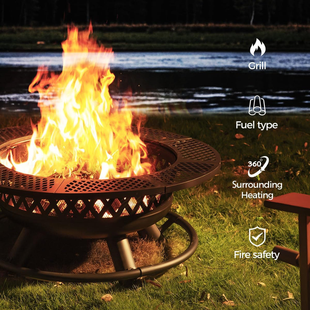 Panovue 42 Inch Outdoor Fire Pit with Grill Wood Burning 3-in-1 Firepit