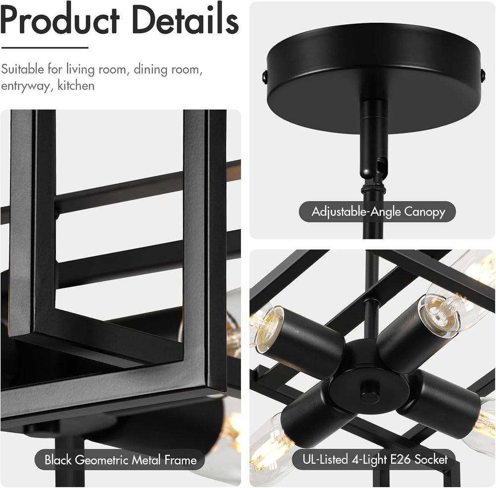 Modern Black Semi Flush Mount Ceiling Light Fixture 16.5", 4-Light Indus...