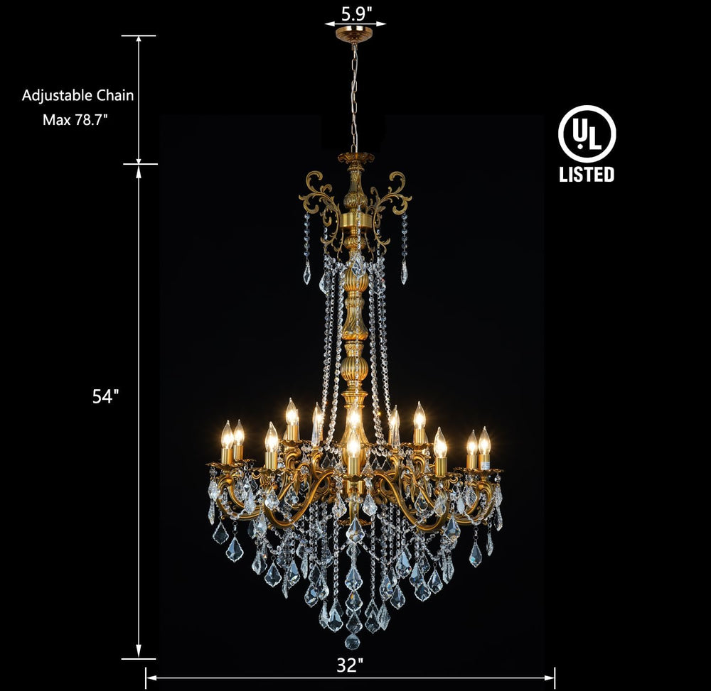 Gold Crystal Chandelier, Antique Gold Candle Chandelier High Ceiling H54"