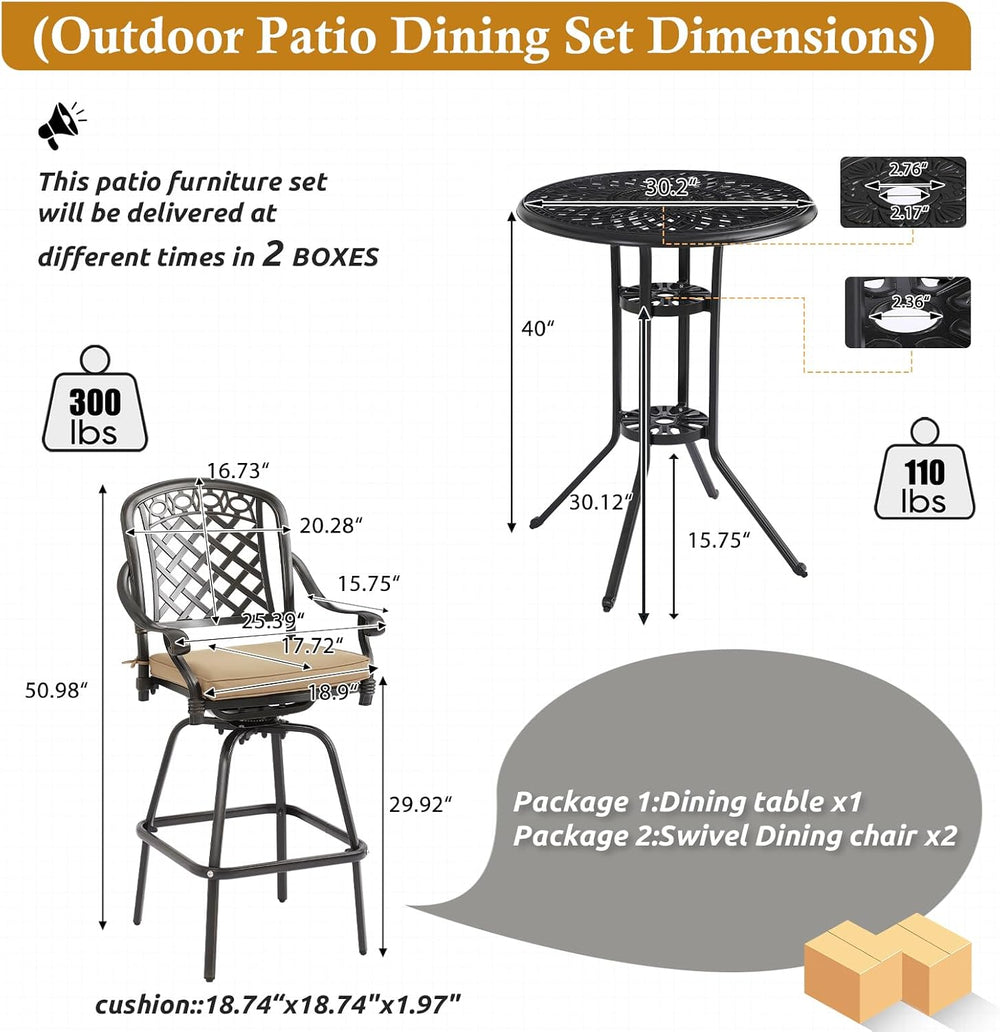 3-Piece Cast Aluminum Patio Bar Set, Outdoor Round High Top Table & 2 Swi...