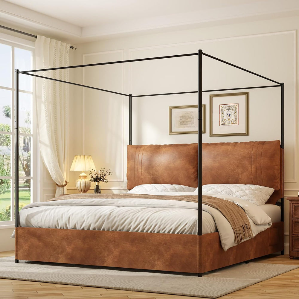 King Canopy Bed Frame with Tall Upholstered Faux Leather Headboard