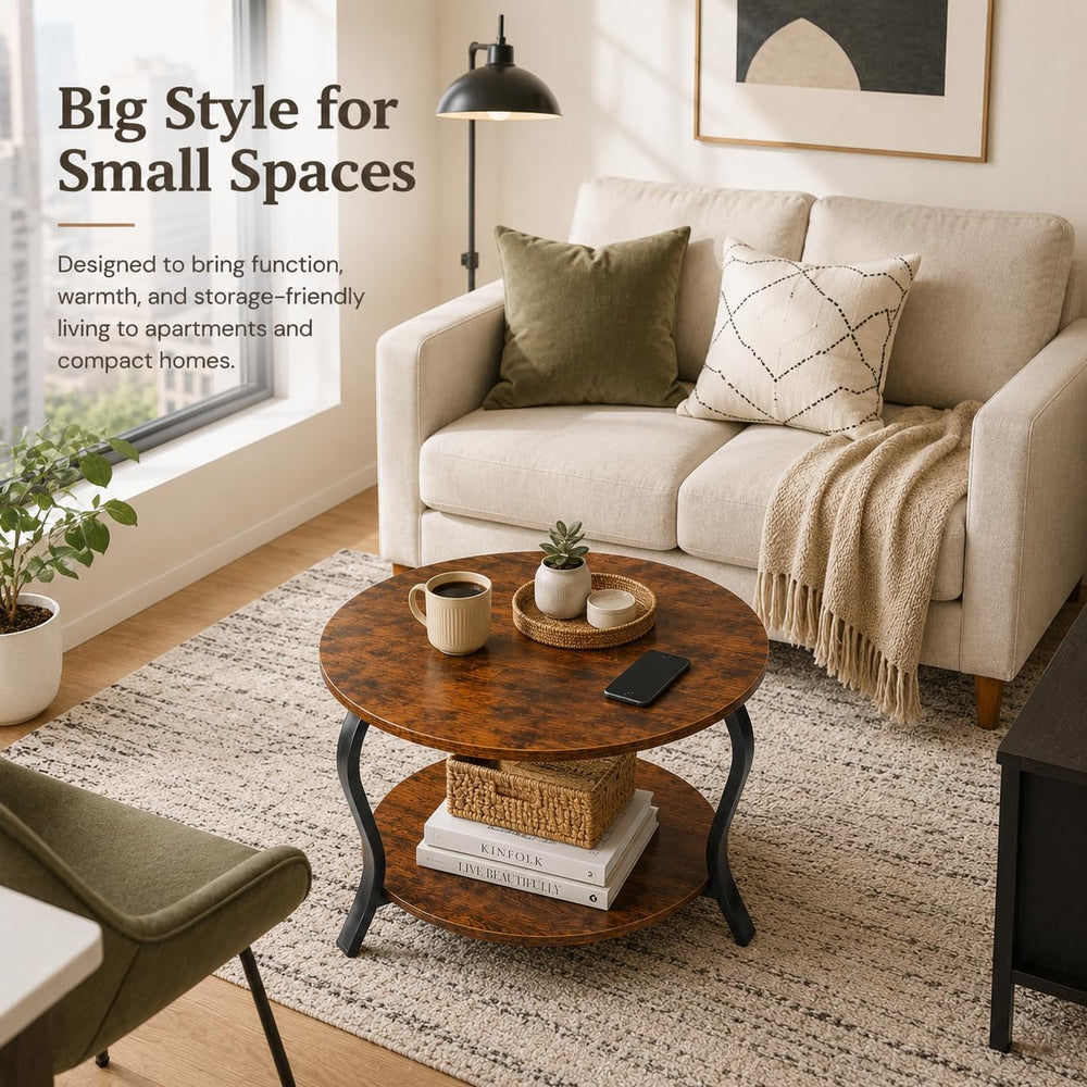 YEAKOO Small Round Coffee Table with Open Storage,23" 2-Tier Coffee Side...