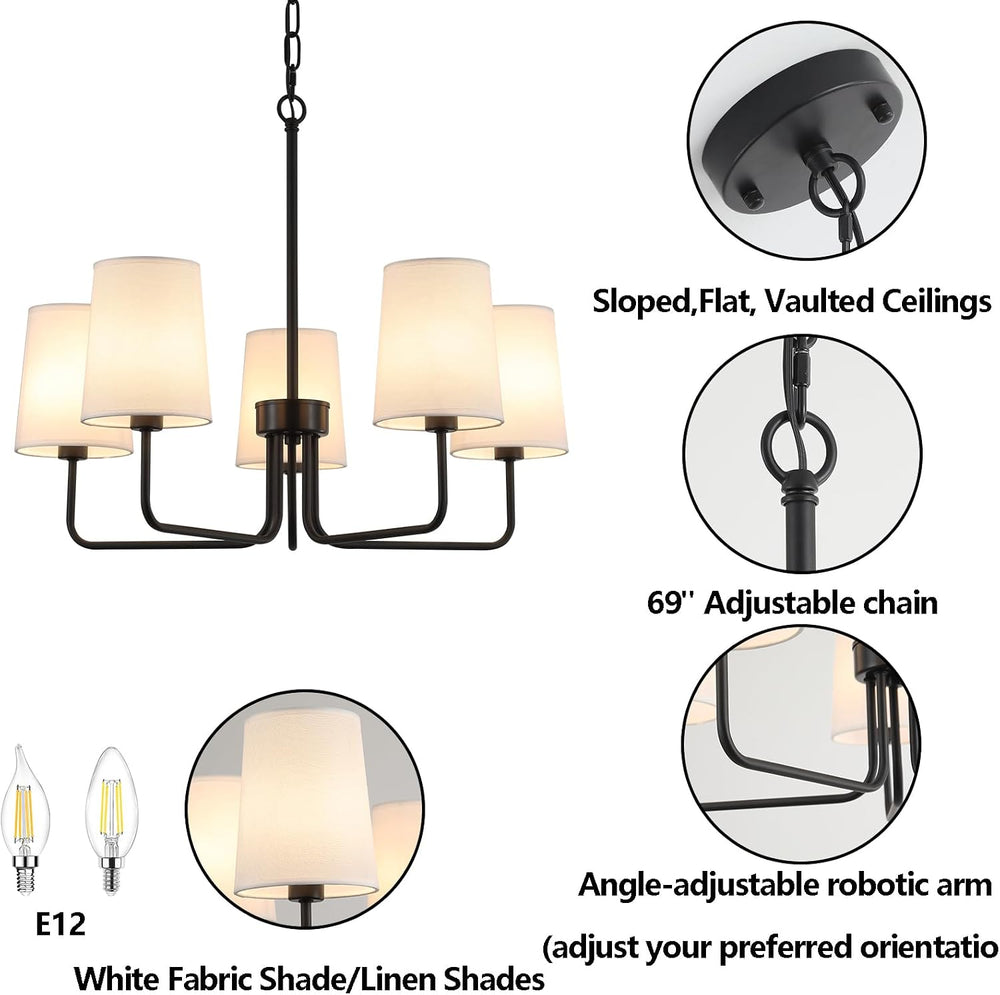 AMZASA Farmhouse Chandelier, Matte Black with White Fabric Shade, Farmhouse L...