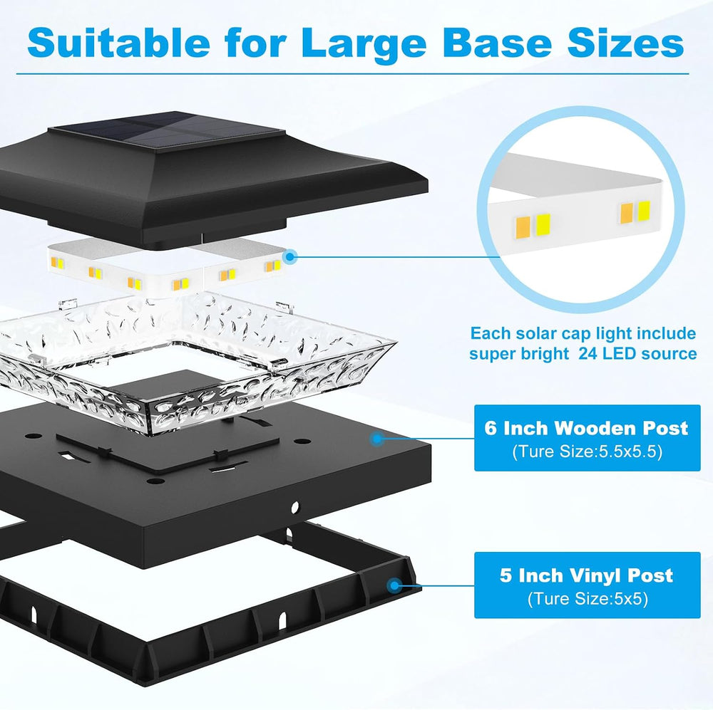 Black Solar Post Cap Lights, Fits 5x5 5.5x5.5 6x6 Posts, 12 Pack