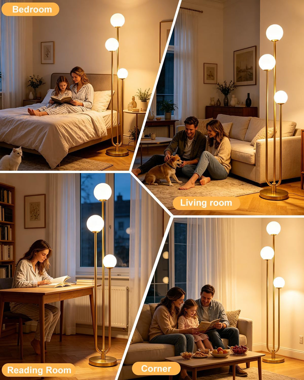 63IN 3-Light Dimmable Floor Lamp, Unique Gold Tall Standing Lamps with 3000K ...