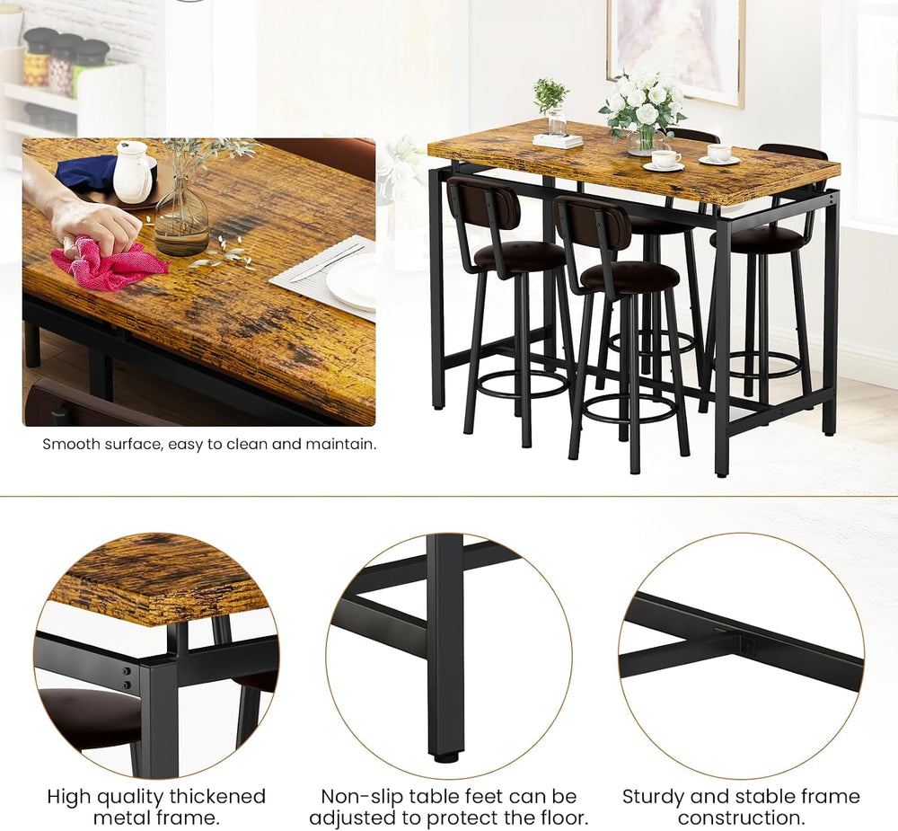 Recaceik Bar Table Set for 4 Bar Table and Chairs Set, Industrial Dinner Tabl...