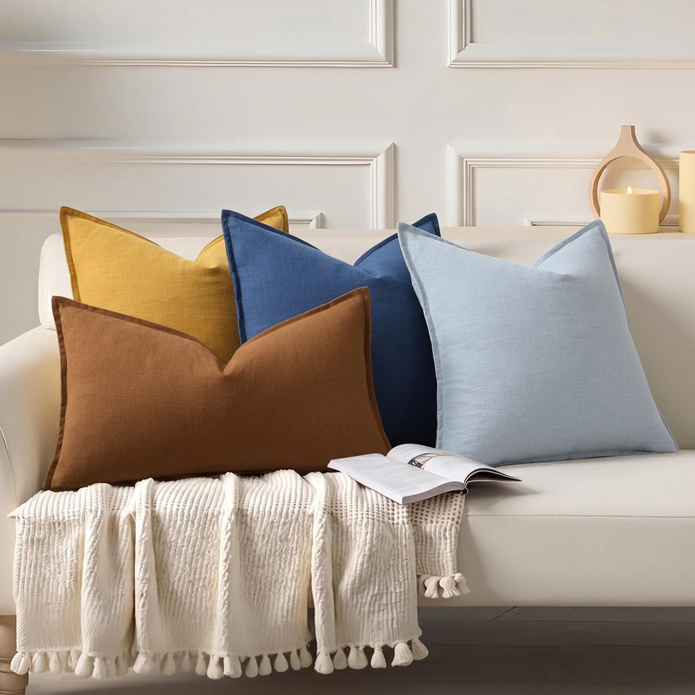 decorUhome Fall Blue Linen Throw Pillow Covers 24x24 Set of 2