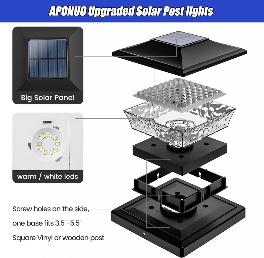 APONUO Solar Post Cap Lights 6 Pack for 4x4 5x5 6x6 Wood & Vinyl Fences -...