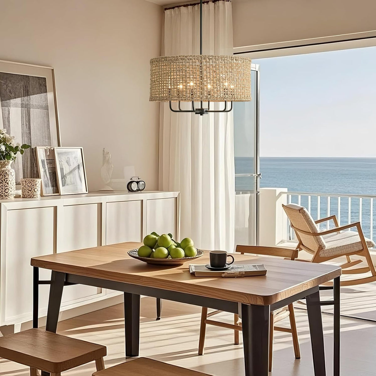 21.6" large rattan chandelier, 6-light boho pendant light shown in use