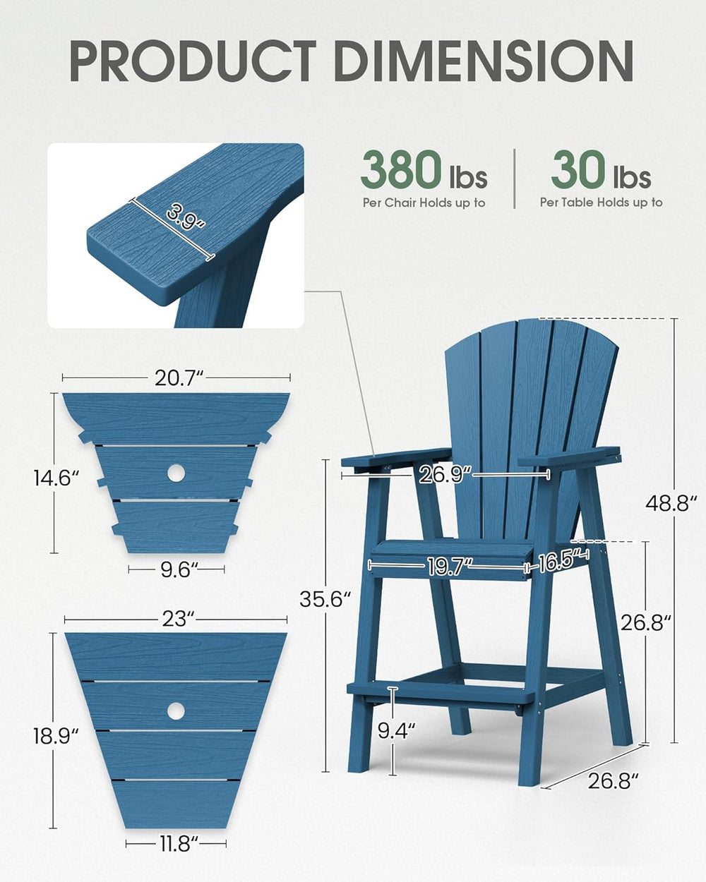 Tall Adirondack Chairs Set of 2 with Table Trays, Navy Blue