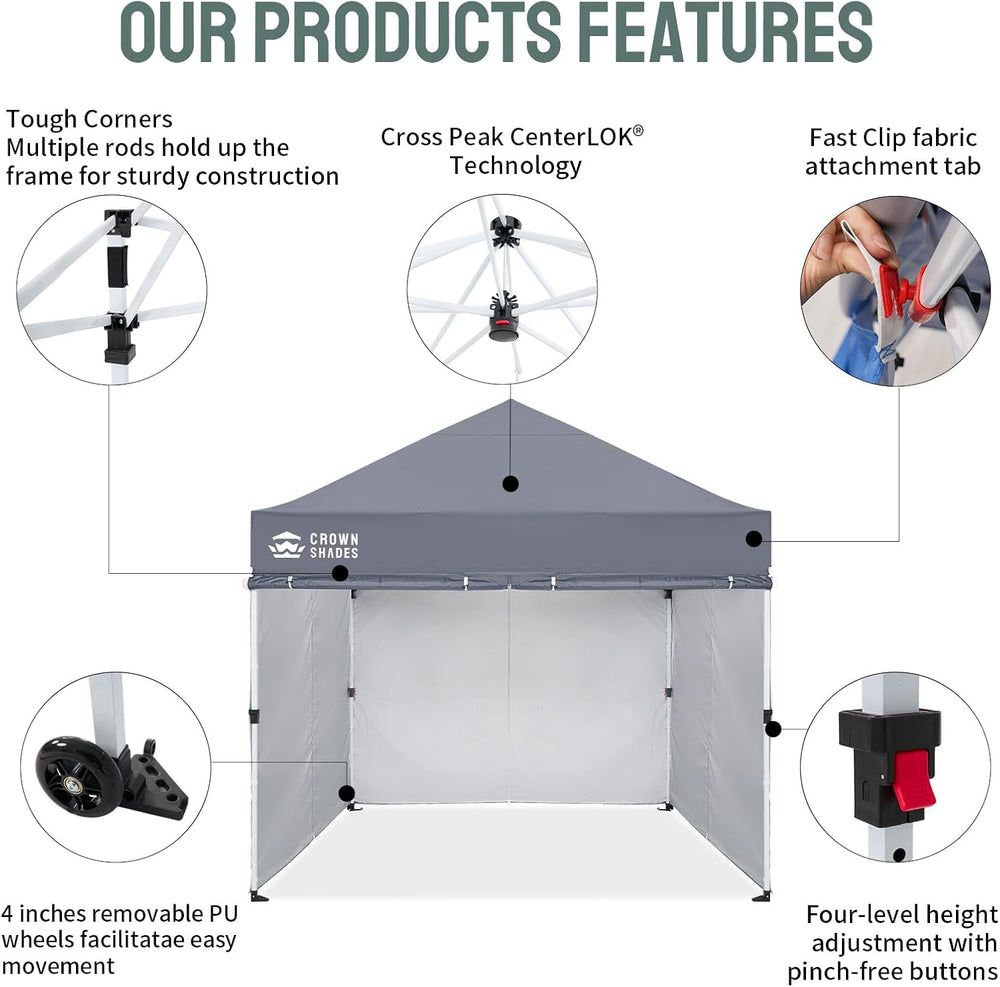 CROWN SHADES 10X10 Pop Up Canopy Tent with Sidewalls, Tall Center, Gray