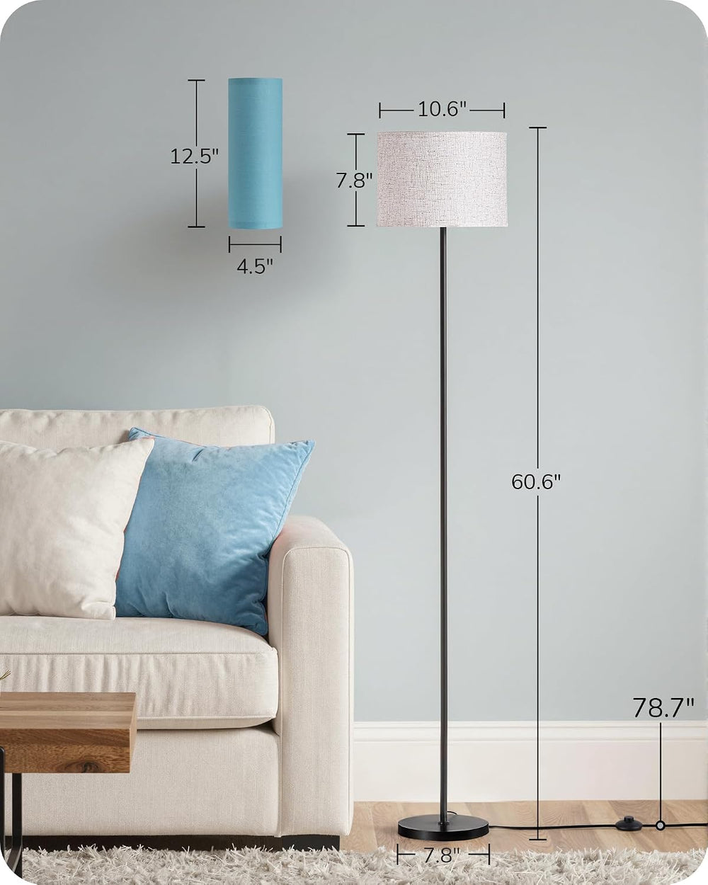 EDISHINE 2 Lampshades Modern Floor Lamps for Living Room Blue