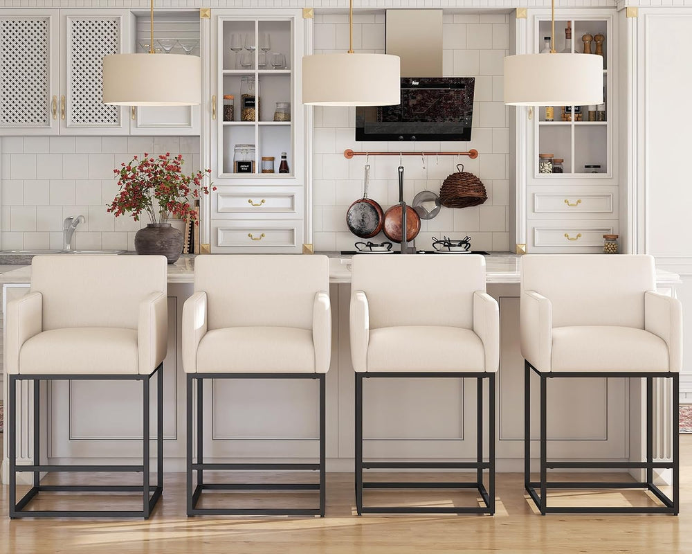 HNY Modern Counter Height Bar Stools Set of 2, 26 Inch Cream Linen Barstool
