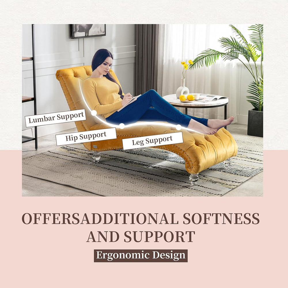 Chaise Lounge Chair Indoor Mustard Velvet Upholstered Button Tufted Chaise Lo...
