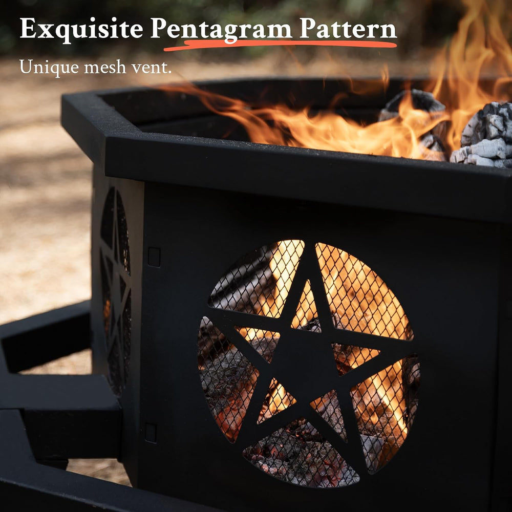 Verdelxue 35 Inch Octagonal Fire Pit with Cooking Grill Wood Burning Black