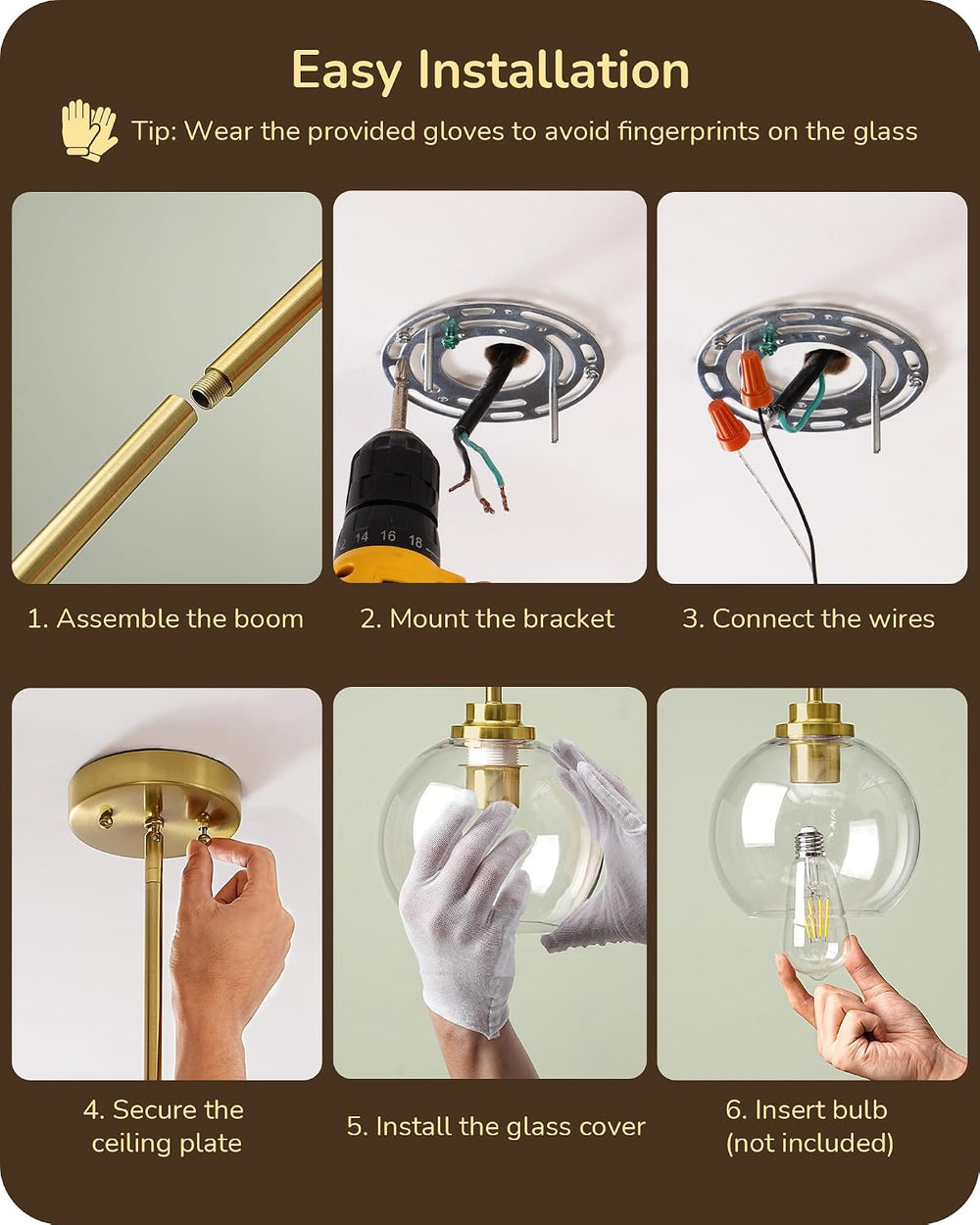 EDISHINE Pendant Light Fixtures 2 Pack with Clear Glass Globe Shade, Gold Kit...