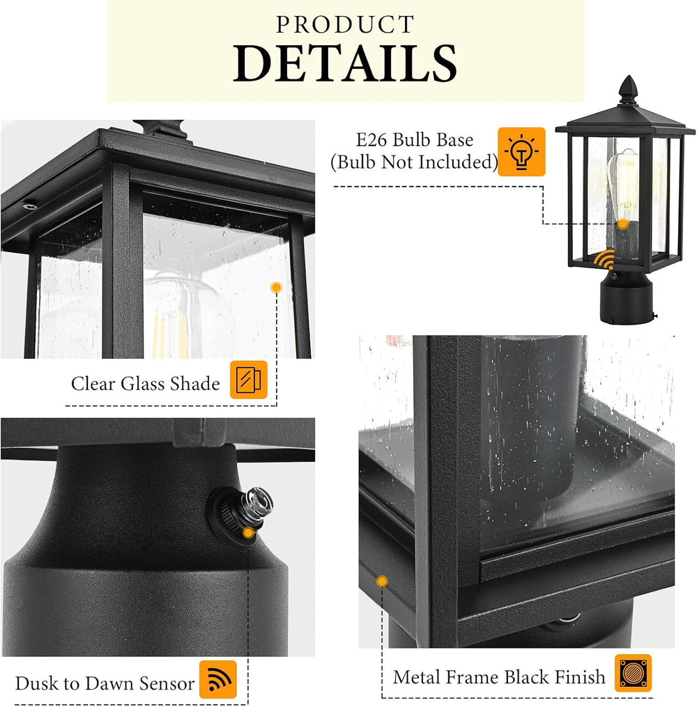 Outdoor Dusk to Dawn Post Light Fixture with Glass, Aluminum Light Post Lamps...
