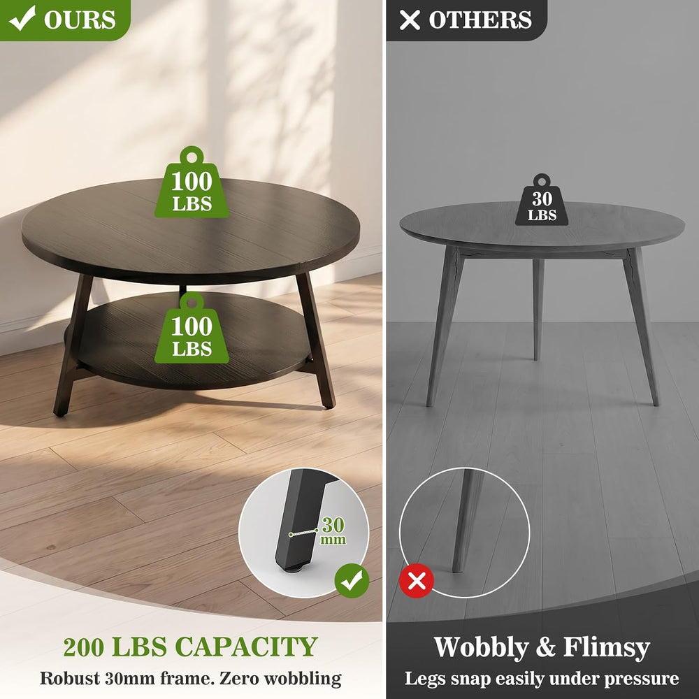 Armocity 35.4" Round Wood Coffee Table with 2-Tier Storage, 1" Thic...