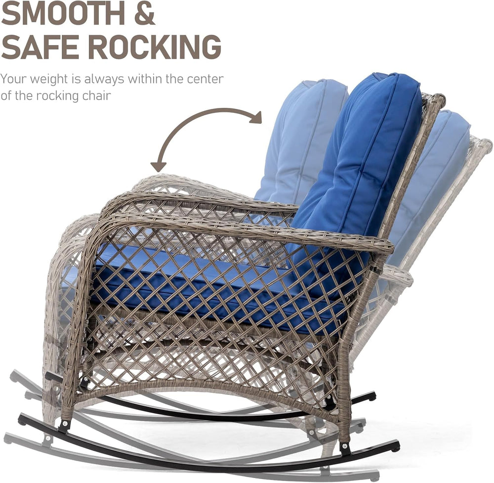 Outvita Outdoor Wicker Rocking Chair w/Cushions & Steel Frame, Navy Blue