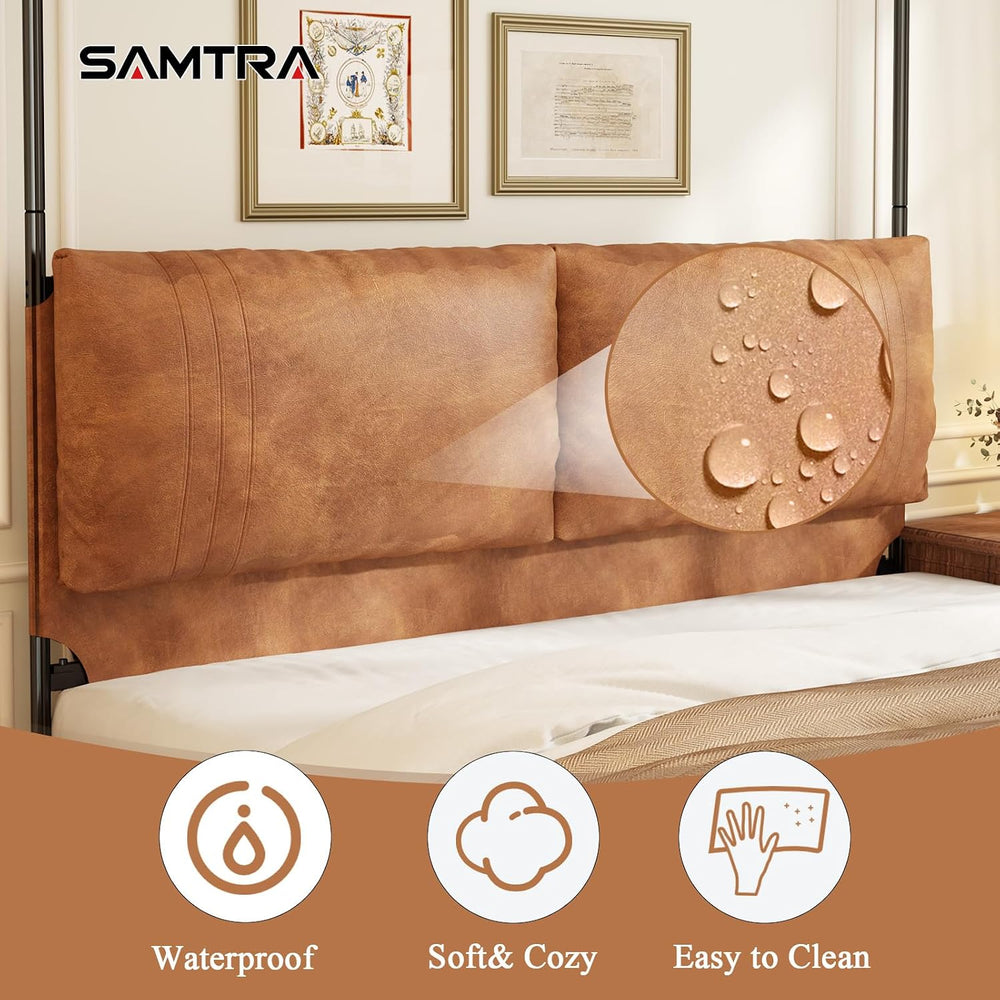 King Canopy Bed Frame with Tall Upholstered Faux Leather Headboard