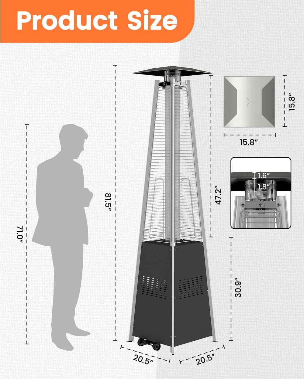 NAVINE 48,000 BTU Pyramid Patio Heater with Wheels, Cover, Dark Black