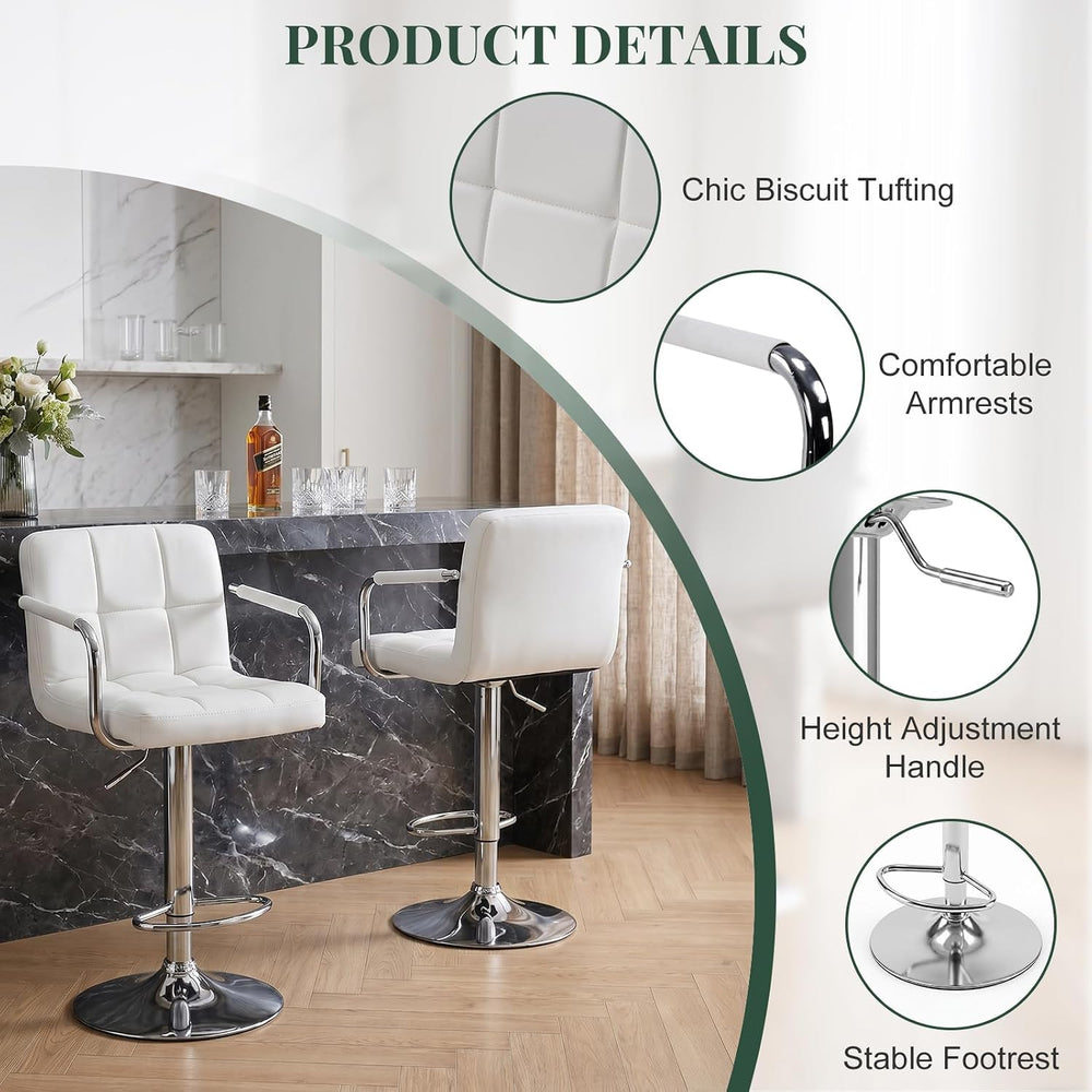 Bar Stools Set of 2, 24-26'' Adjustable Swivel Bar Chairs, White