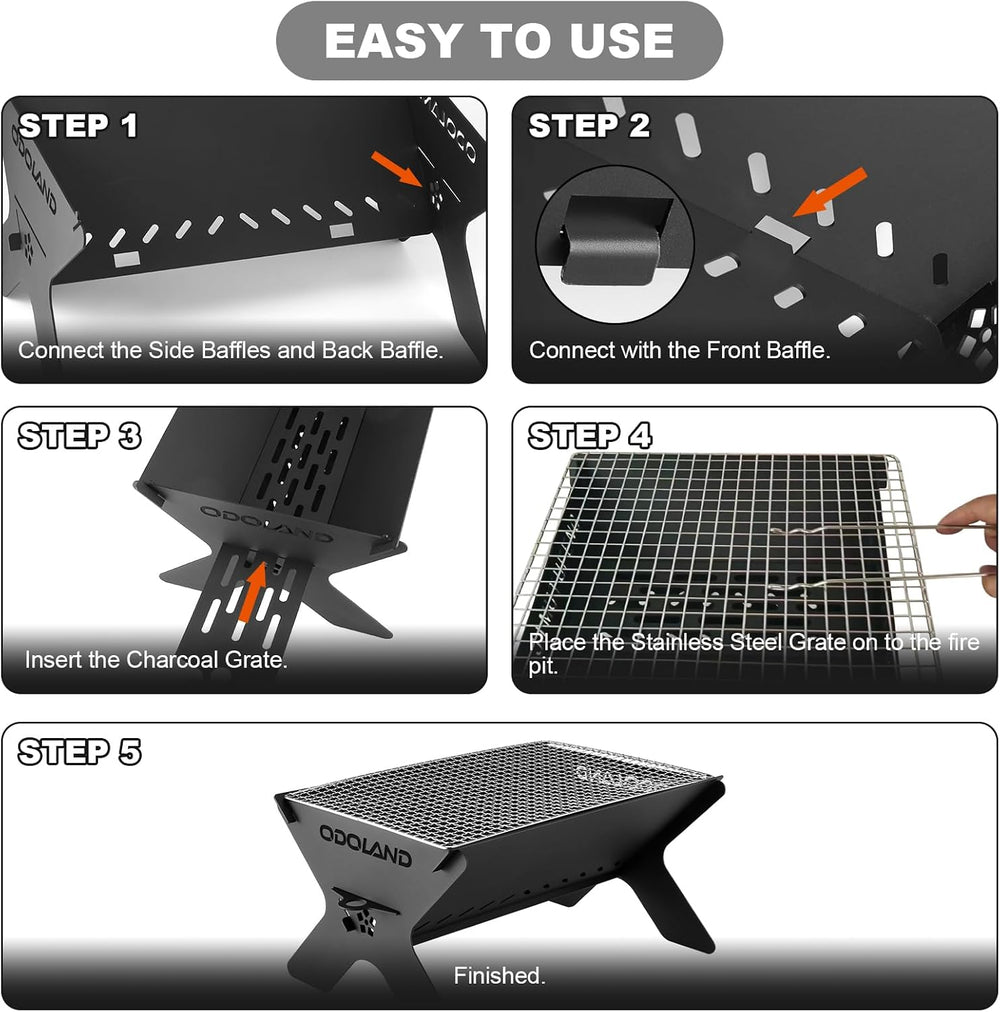 Odoland Camping Campfire Grill, Portable Folding Charcoal Grills for BBQ