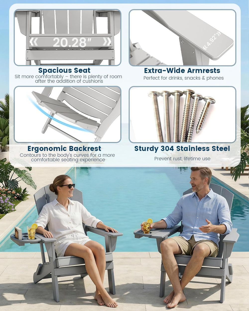 Folding Adirondack Chair Set of 2 with 4-in-1 Cup Holder,Fire Pit Chair