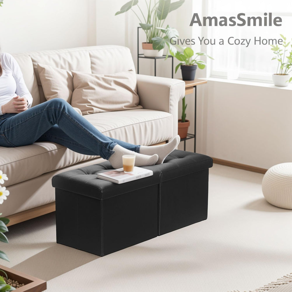 AmasSmile Footrest Ottoman Storage Bench,34" Leather Folding Chest,Black