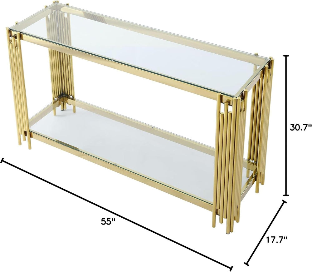 Modern Glass Console Table, 55" Gold Sofa Table with Sturdy Metal Frame ...