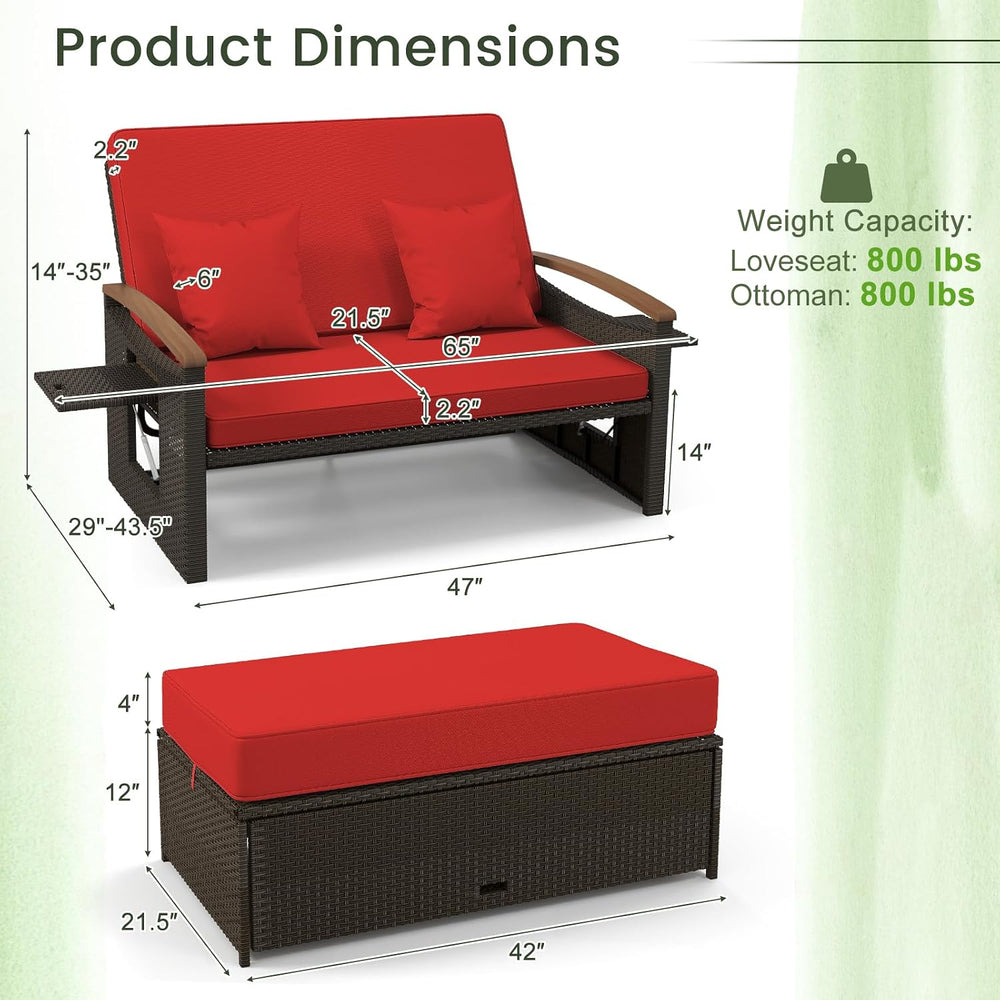 Tangkula Patio Rattan Daybed, Outdoor Wicker Loveseat, Mix Brown & Red