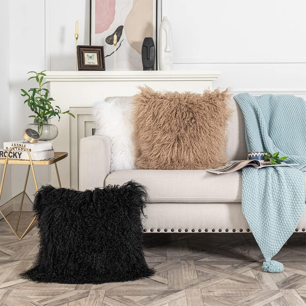 Mongolian Lamb Fur Throw Pillow Cover (20'' x 20'', Khaki)