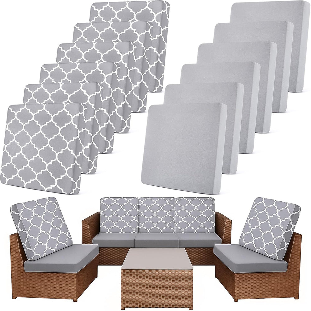 Newwiee 12 Pc Patio Stretch Cushion Covers,Light Gray,Moroccan and Solid