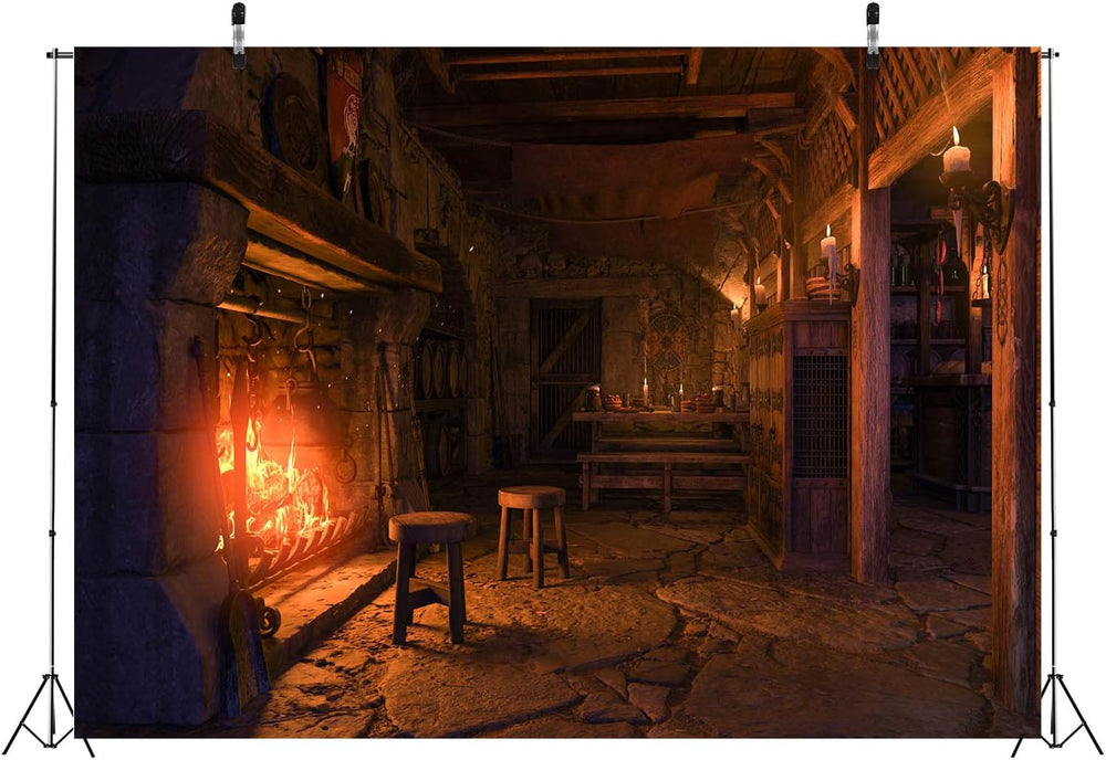 12x8ft Fabric Medieval Tavern Backdrop for Photography Burning Fireplace and ...
