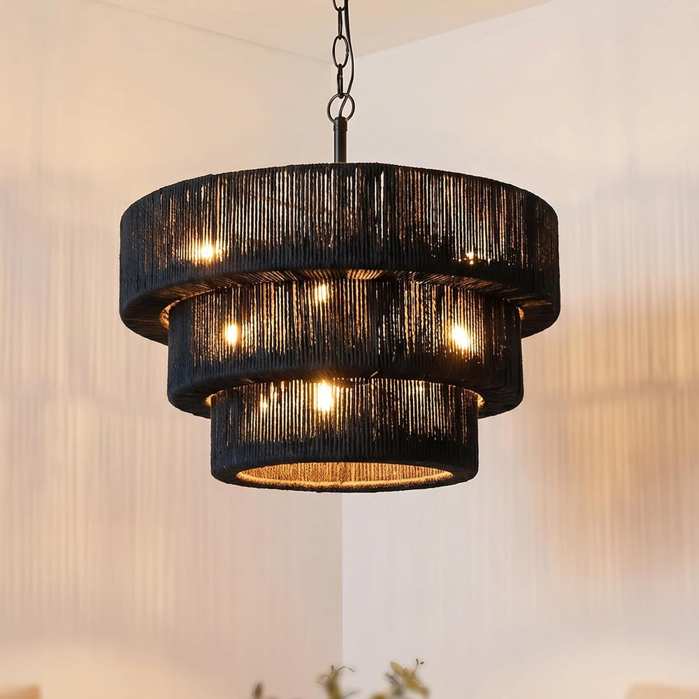 20" 10-Light Boho Black Rattan Chandelier, 3-Layer Coastal Farmhouse Han...