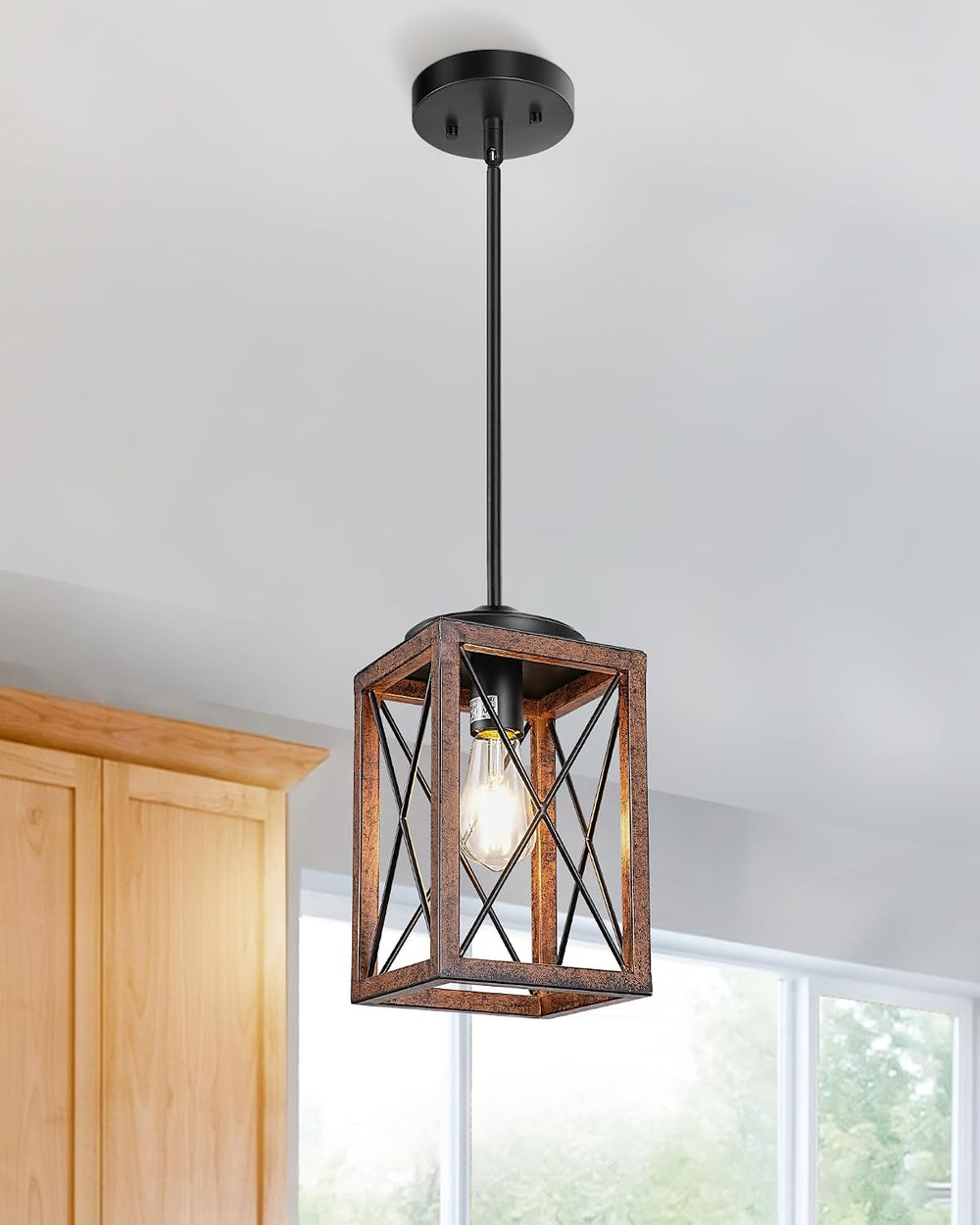 DEWENWILS Farmhouse Pendant Light Kitchen Island Wood Grain Brown