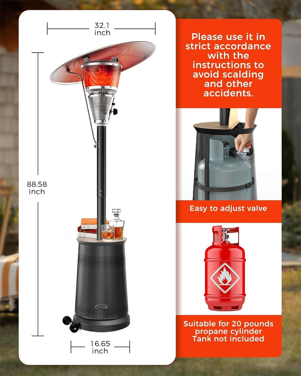 50,000 BTU Patio Heater for Outdoor Use With Adjustable Heat Focusing Top, Po...