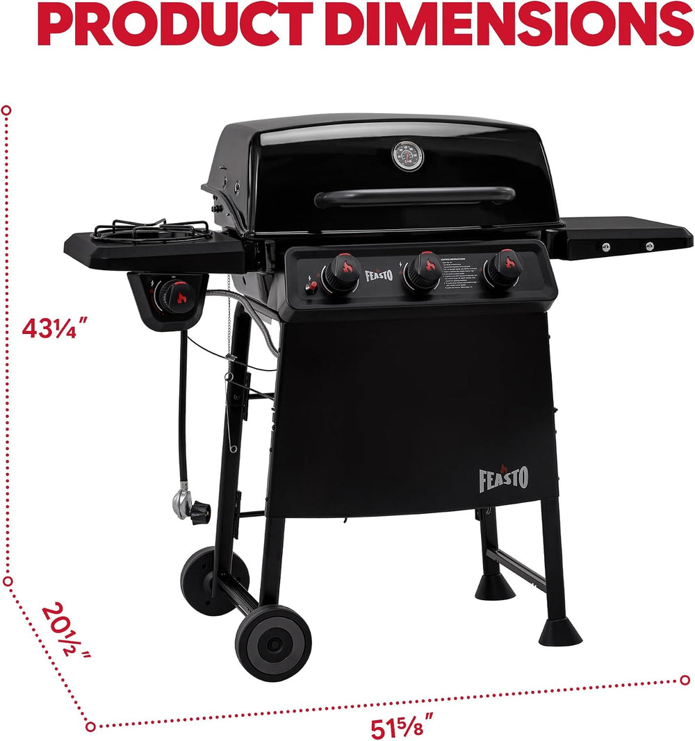Feasto 3-Burner Propane Gas Grill with Side Burner for Outdoor Cooking