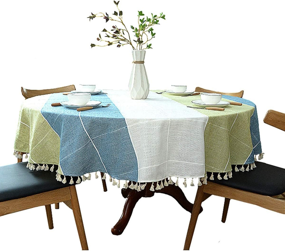 Dimatic Heavy Weight Cotton Linen Tablecloth, Plaid Tassel Round Table Cover ...