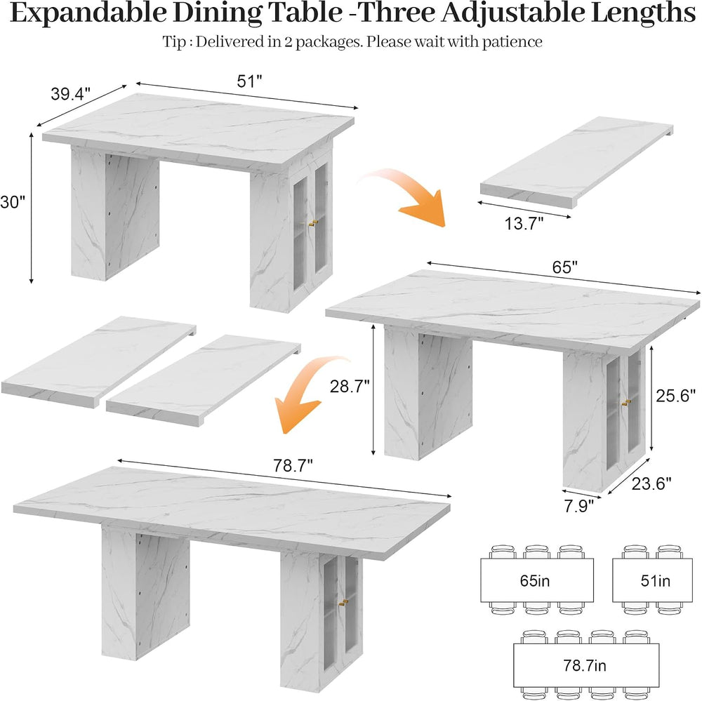 51"-78" Extendable Dining Table for 4-8, White Faux Marble Dining T...