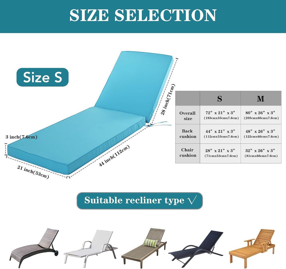 Chaise Lounge Cushions Outdoor Set of 2, 72x21x3 Inch, Teal