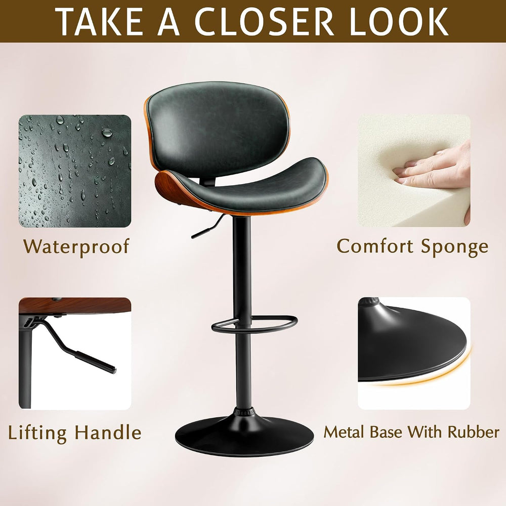 Furmax Bar Stools Set of 2 Adjustable Swivel Bentwood Barstools PU Leather Mo...