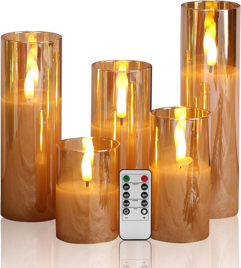 Eywamage Amber Gold Glass Flameless Pillar Candles with Remote Set of 5