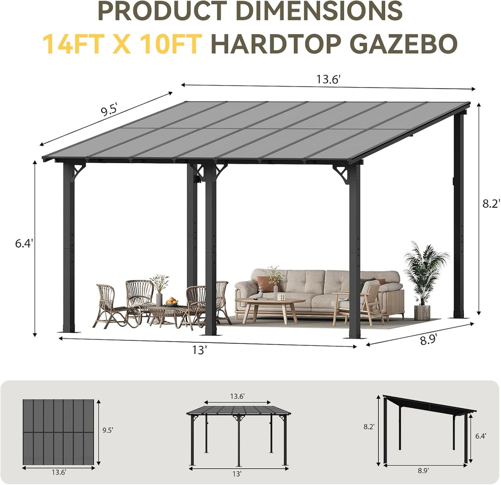 Aoxun 14’x10’ Lean to Gazebo, Pergola with 2 Telescopic Support Posts,Black