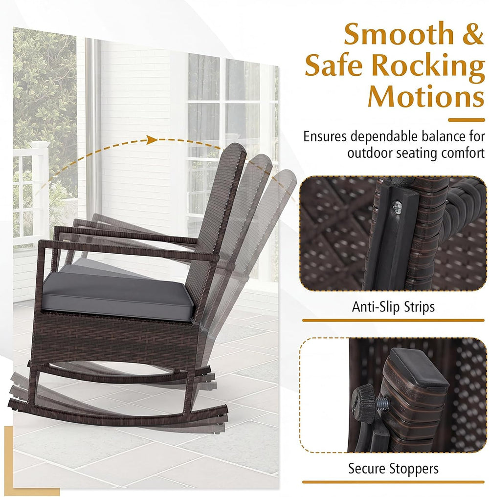 ORALNER 3 Pieces Patio Rocking Chair, Wicker Bistro Set w/Cushions (Gray)
