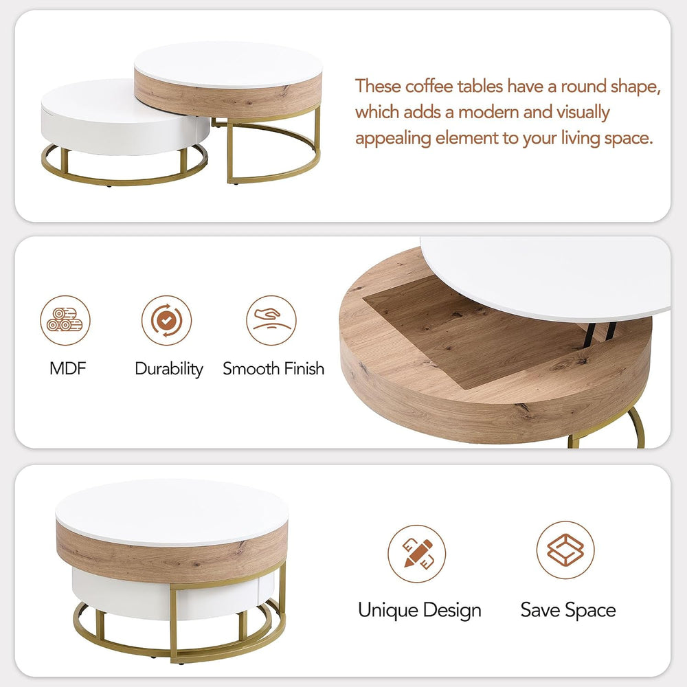 Modern Round Lift-top Nesting Coffee Tables with 2 Drawers for Living Room Wh...