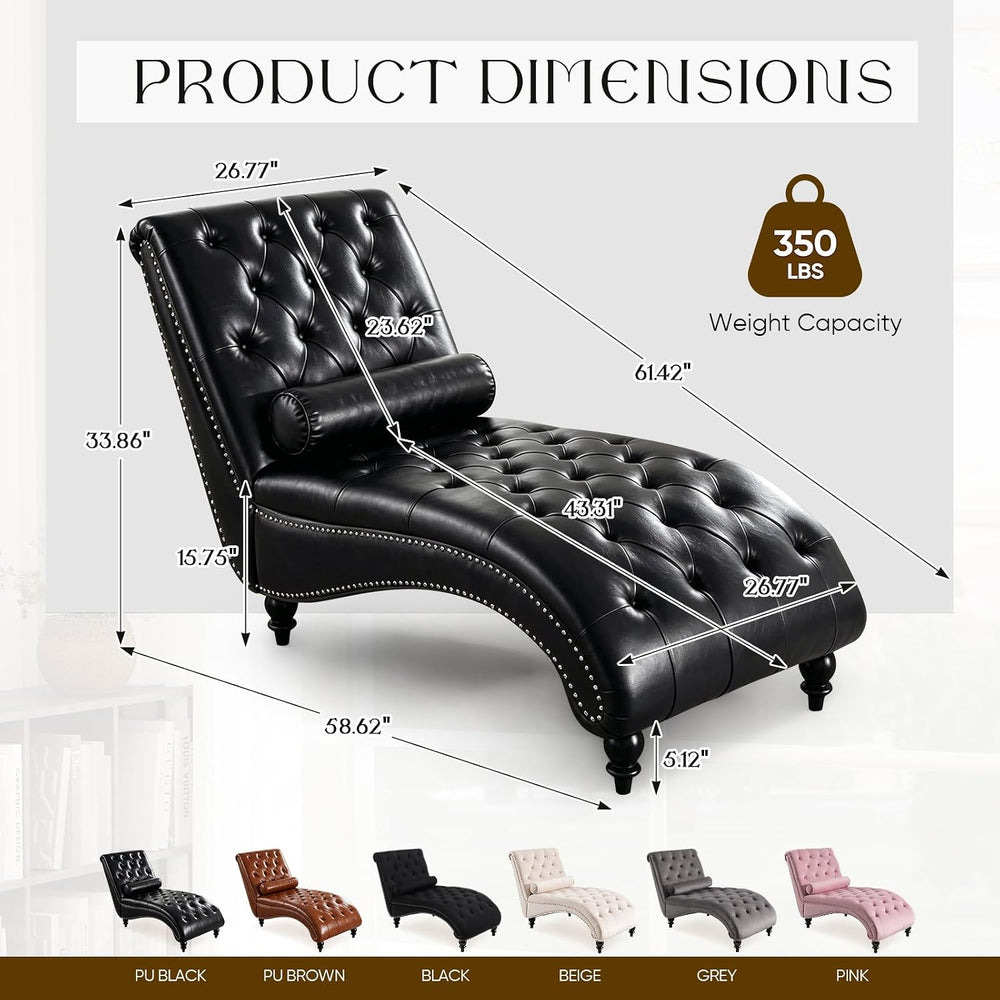 Faux Leather Chaise Lounge Indoor with Toss Pillow, Modern Chaise Lounge Chai...